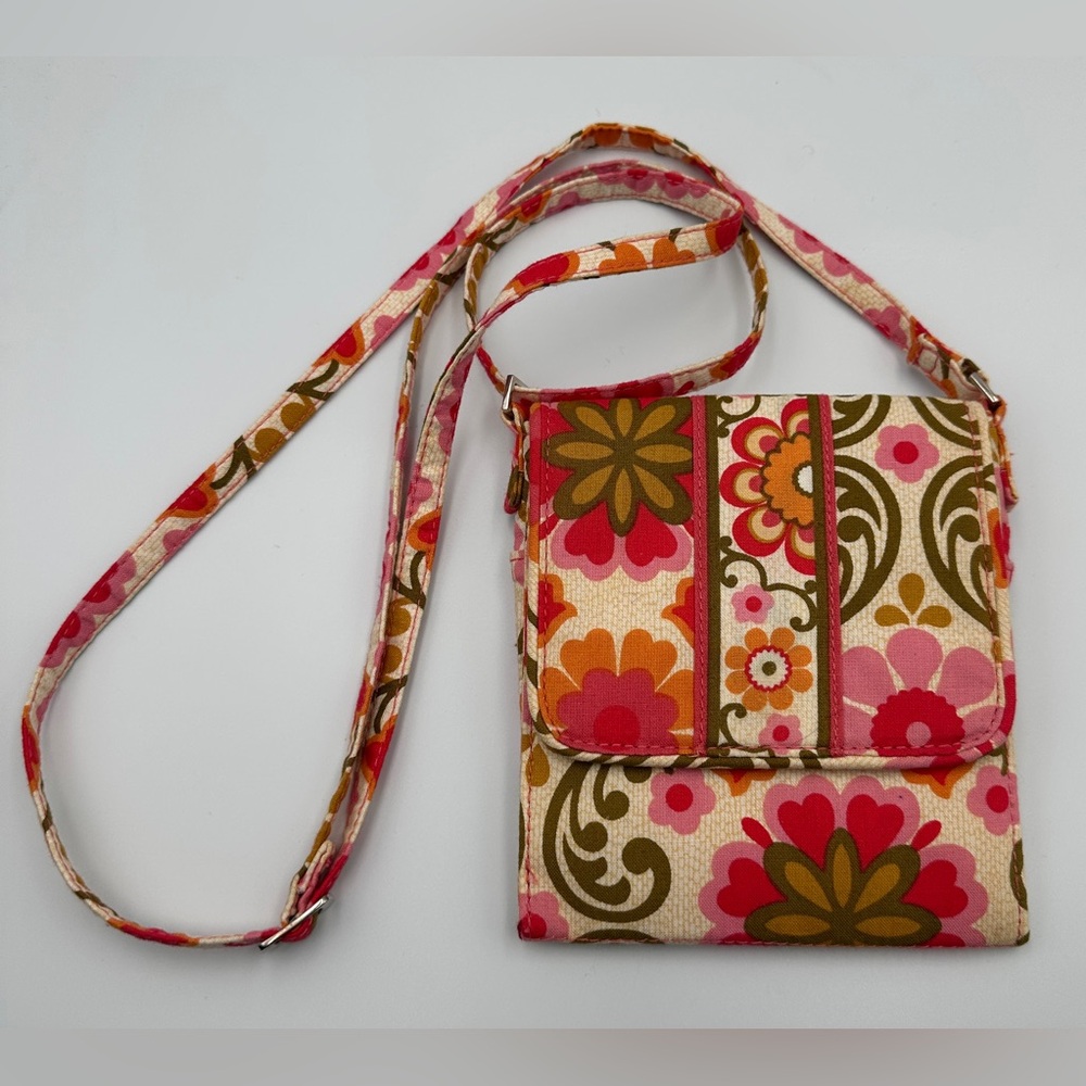 Vera Bradley Folkloric Pattern Pink Orange & Green Small Crossbody Bag